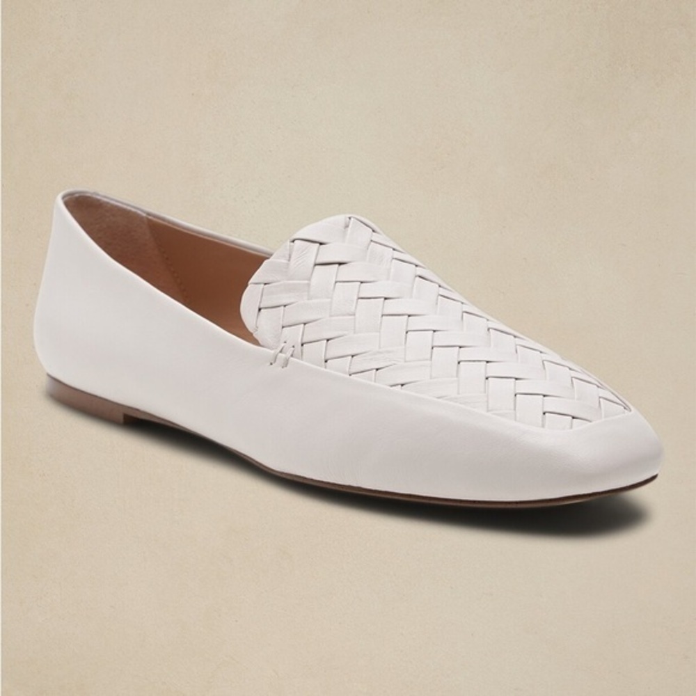 Banana Republic Genuine Leather Woven Soft Loafers Slip on Shoes Off White Bone